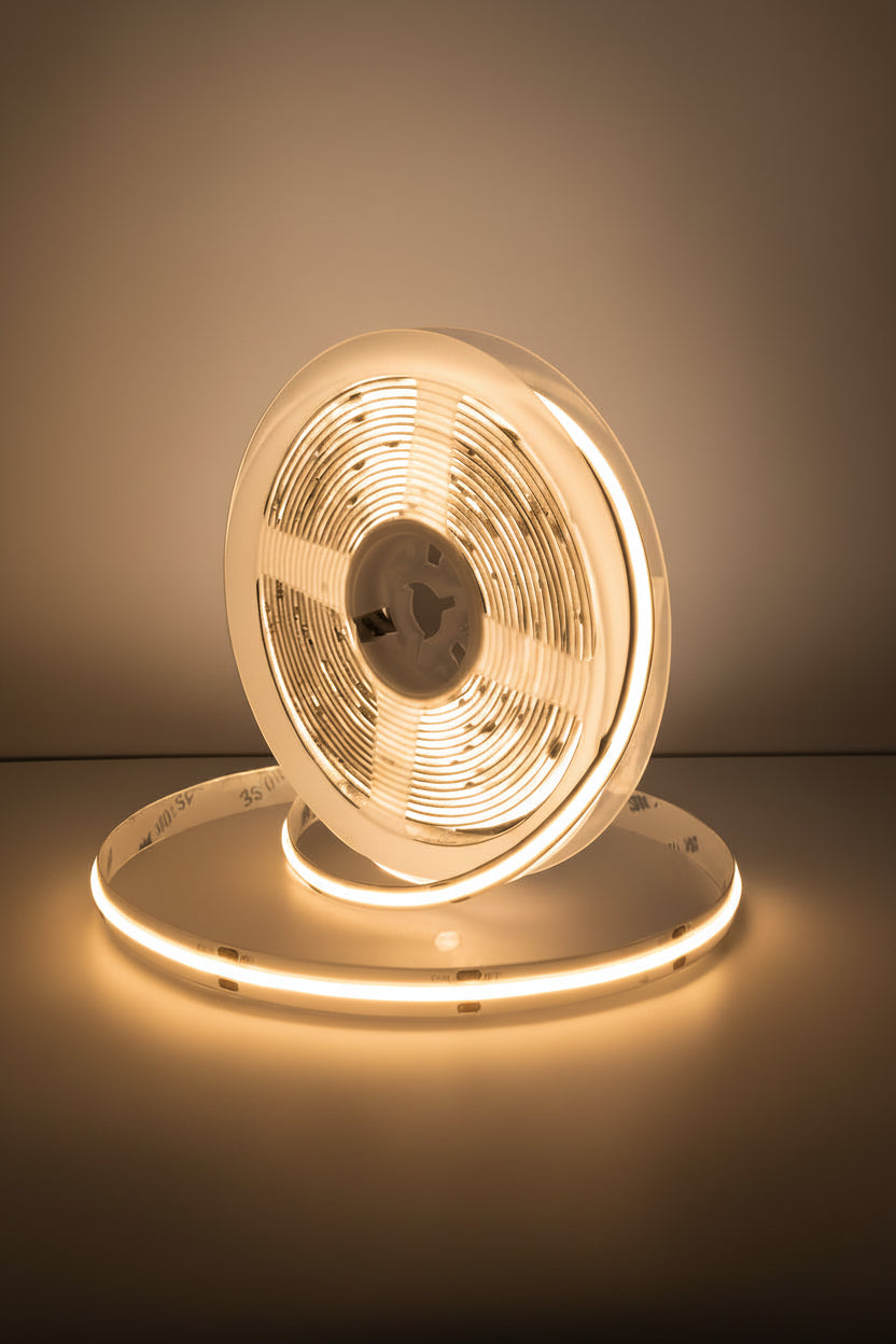 A coiled white LED light strip product displayed on a reflective surface against a cool blue-gray gradient studio background.