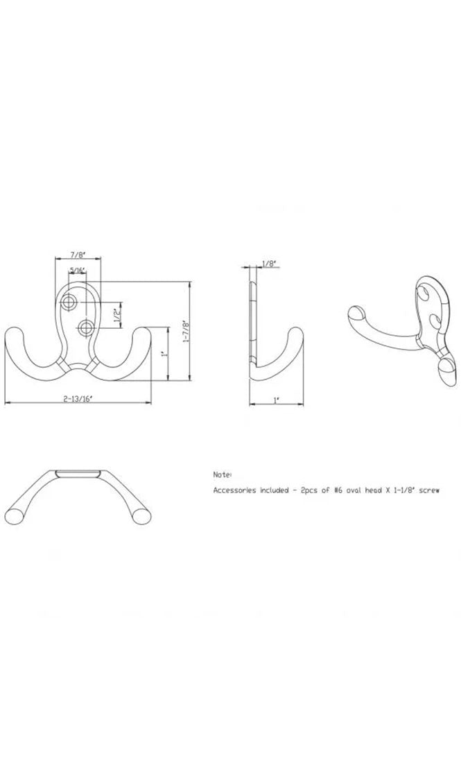 1-7/8" SLEEK AND CASUAL DOUBLE PRONG WALL MOUNTED HOOK