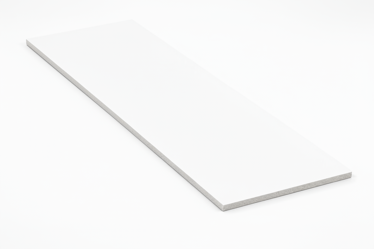 White hardboard sheet with dimensions and material details on a white background