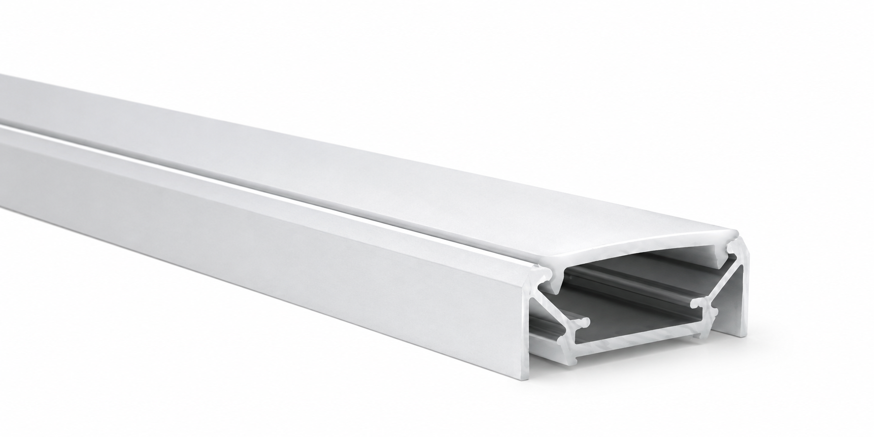 A white aluminum linear channel profile with a hollow cross-section, shown at an angle on a clean white background.
