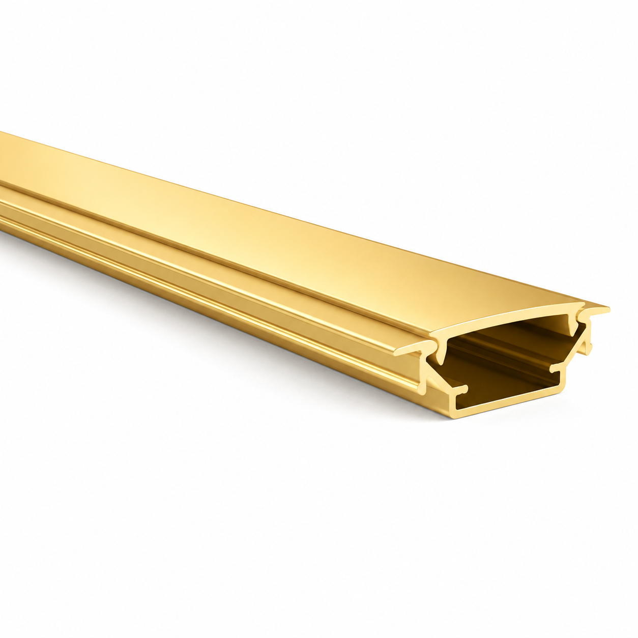 A long, narrow gold metal channel profile with a hollow rectangular cross-section, shown diagonally on a clean white background.