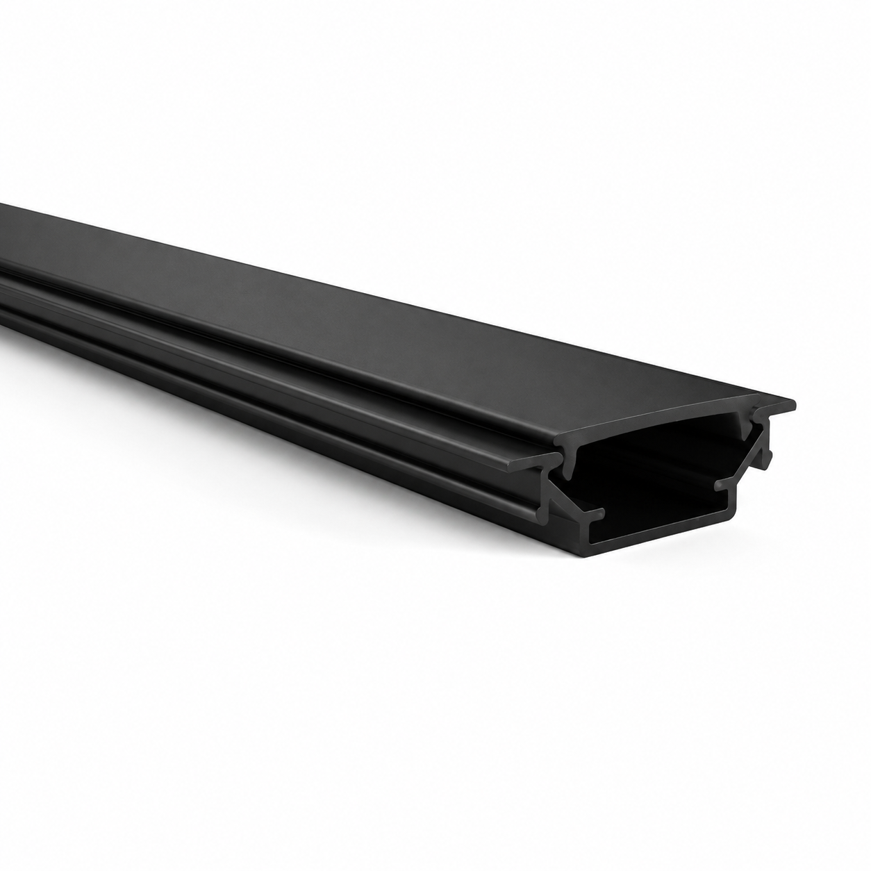A long, black metal or plastic channel profile rail shown at an angle on a clean white background.