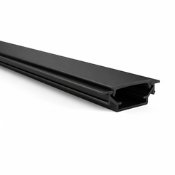 A long, black metal or plastic channel profile rail shown at an angle on a clean white background.