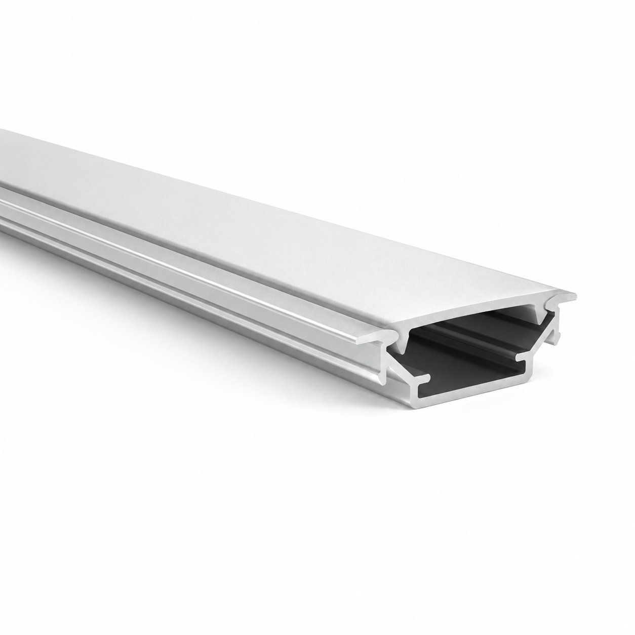 A long, slim silver metal channel profile with a black inner liner, shown at an angle on a clean white background.