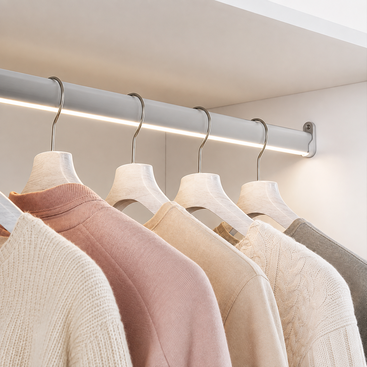 A close-up of a modern wall-mounted clothing rod with a linear LED light, holding several light wood hangers with soft knit sweaters in cream, dusty pink, beige, and gray.
