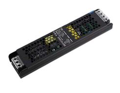 A black industrial power supply module with terminal blocks on both ends and a series of small colored indicator windows along the top, shown on a plain white background.