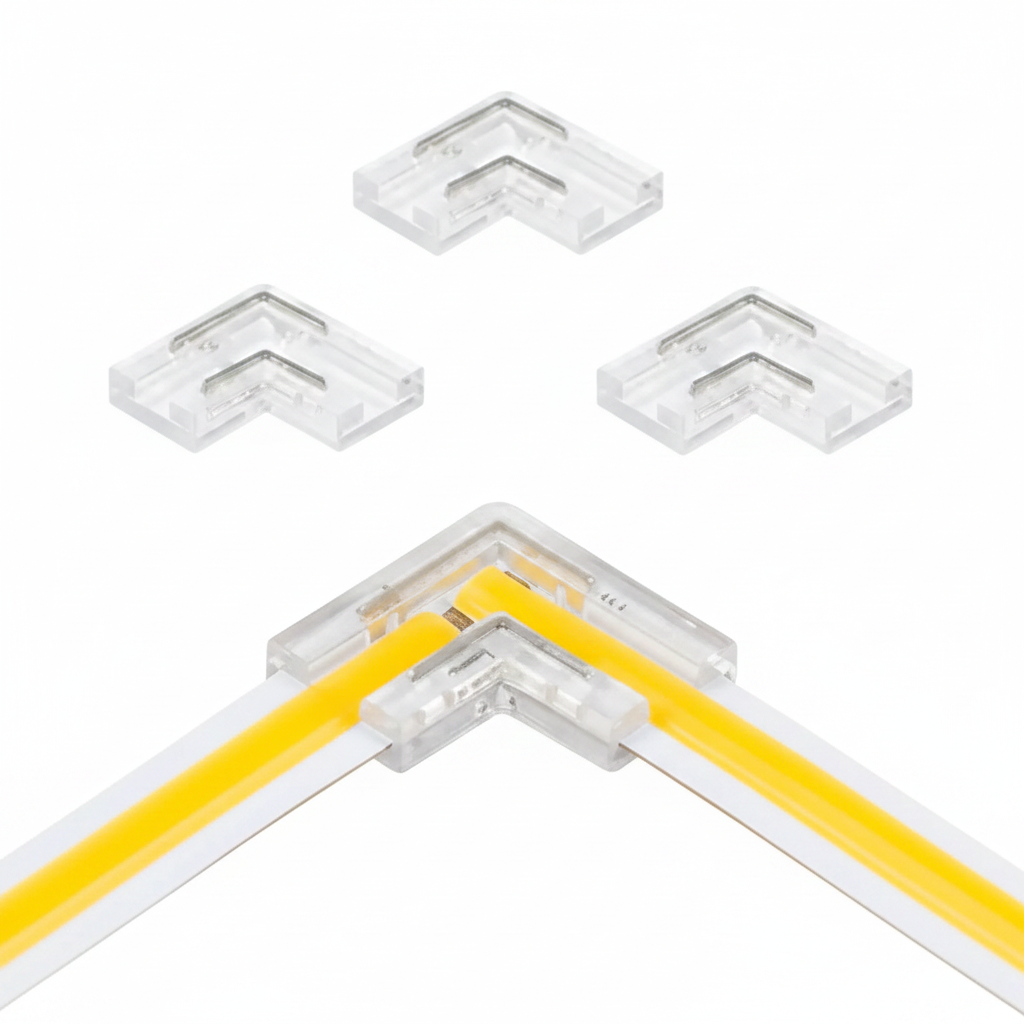 Four clear acrylic corner brackets shown on a white background, with one larger bracket demonstrating use on a yellow and white strip light.