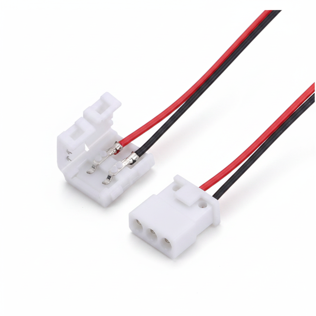 Two white plastic electrical connector blocks with red and black wires attached, shown on a plain white background.
