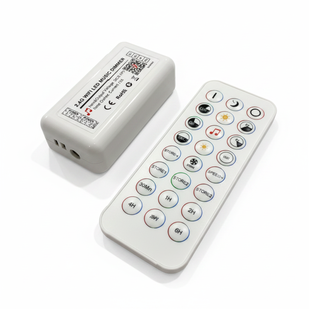 A white rectangular remote control with round buttons lies next to its matching white power adapter on a gray textured surface.
