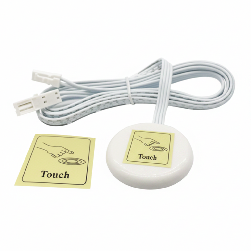 A white oval electronic sensor or control module with a coiled white cable and two connector ends, shown alongside a small yellow instruction card labeled 'Touch'.