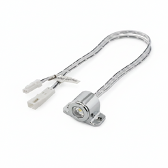 A small cylindrical chrome metal component with attached gray and white cables and white connector ends, shown on a plain white background.