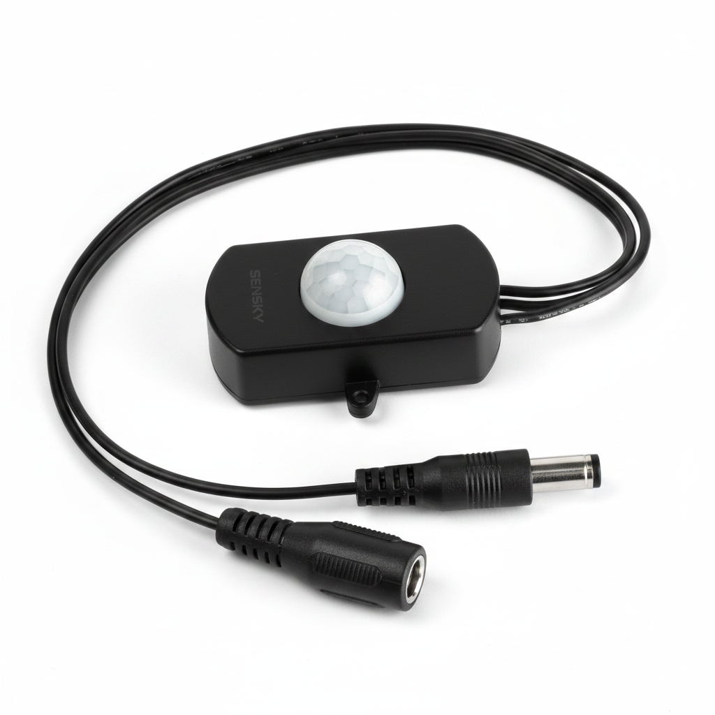 A black electronic signal or power adapter with a white circular sensor on top, connected by a thick black cable to two barrel-style connectors, shown on a plain white background.