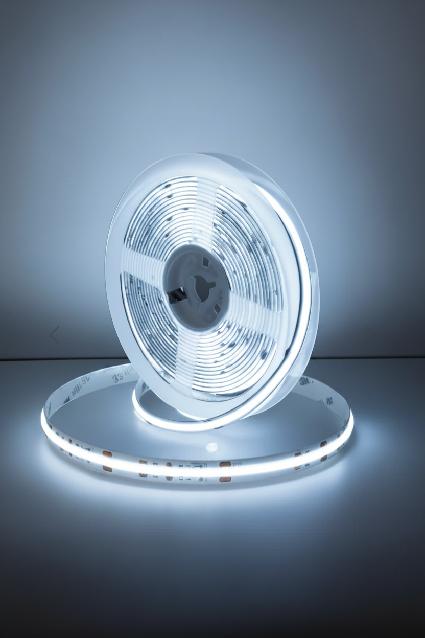 A spool of flexible LED light strip shown glowing on a dark studio surface, with the light curved around the spool and extending outward in a bright white ring.