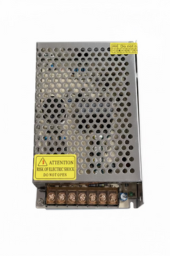 Electrical power supply unit with warning labels on a white background